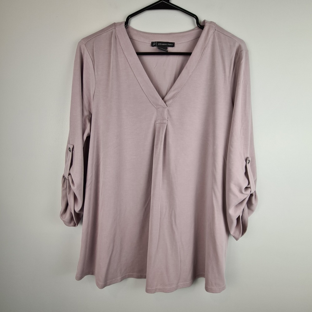 ADRIANNA PAPELL Blush Mauve Roll Tab Sleeve Tunic Shirt Large Women's Top